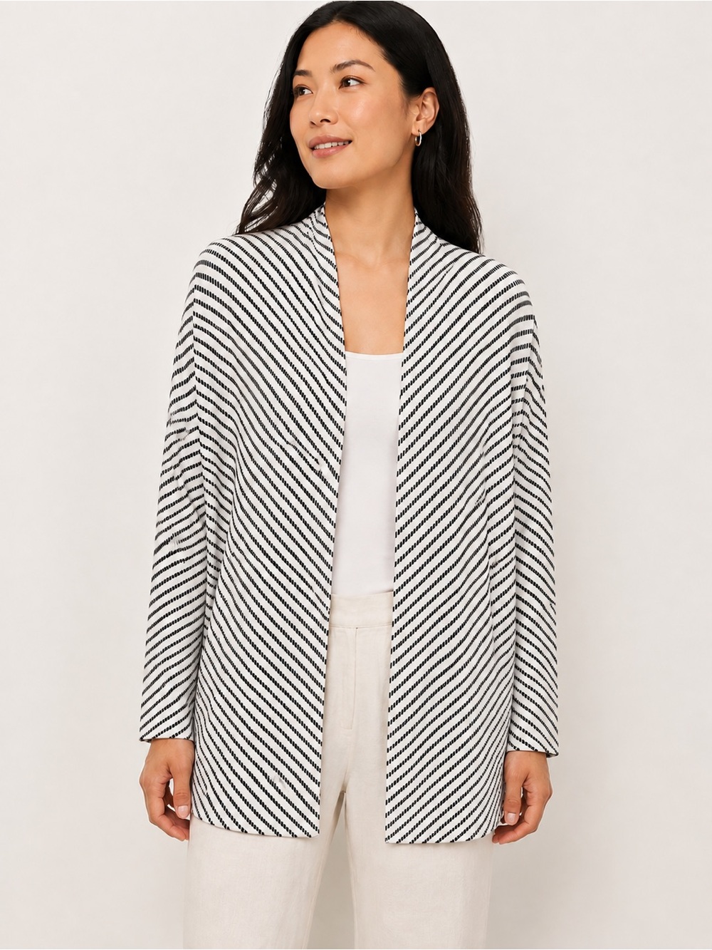 Eileen Fisher Oversized Cardigan Striped Open Front Silk Black White Size Xxs